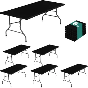 LUSHVIDA 6 Packs Vinyl Tablecloths with Flannel Backing 72x30 inch - Waterproof Plastic Table Covers for 6 Foot Rectangle Folding Table Cloths with Elastic Edges, Black