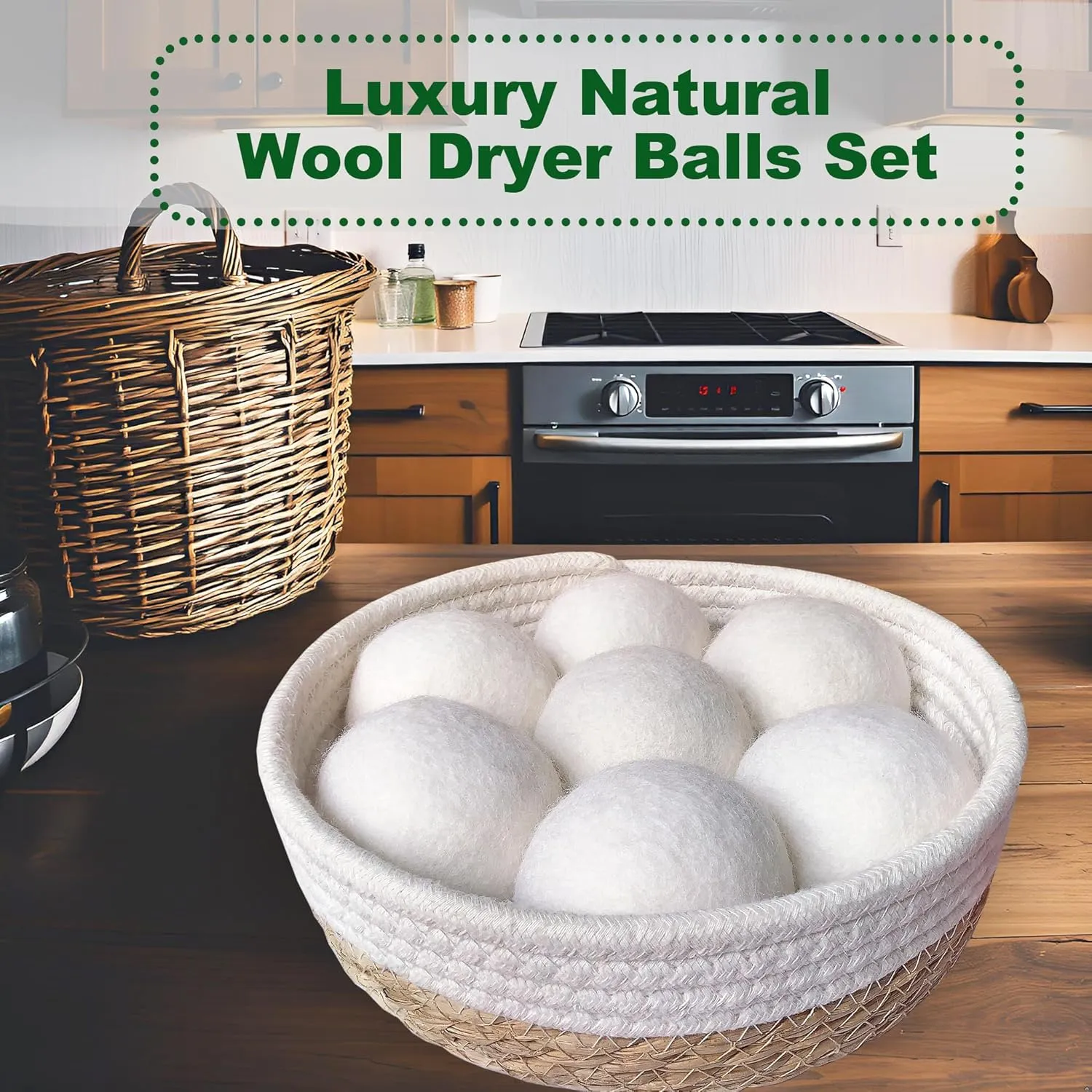 Luxury Natural Wool Dryer Balls Set – 7 Pack in Handcrafted Cattail Basket, Speed Up Drying, Reduces Clothing Wrinkles, Premium New Zealand Wool, Reusable
