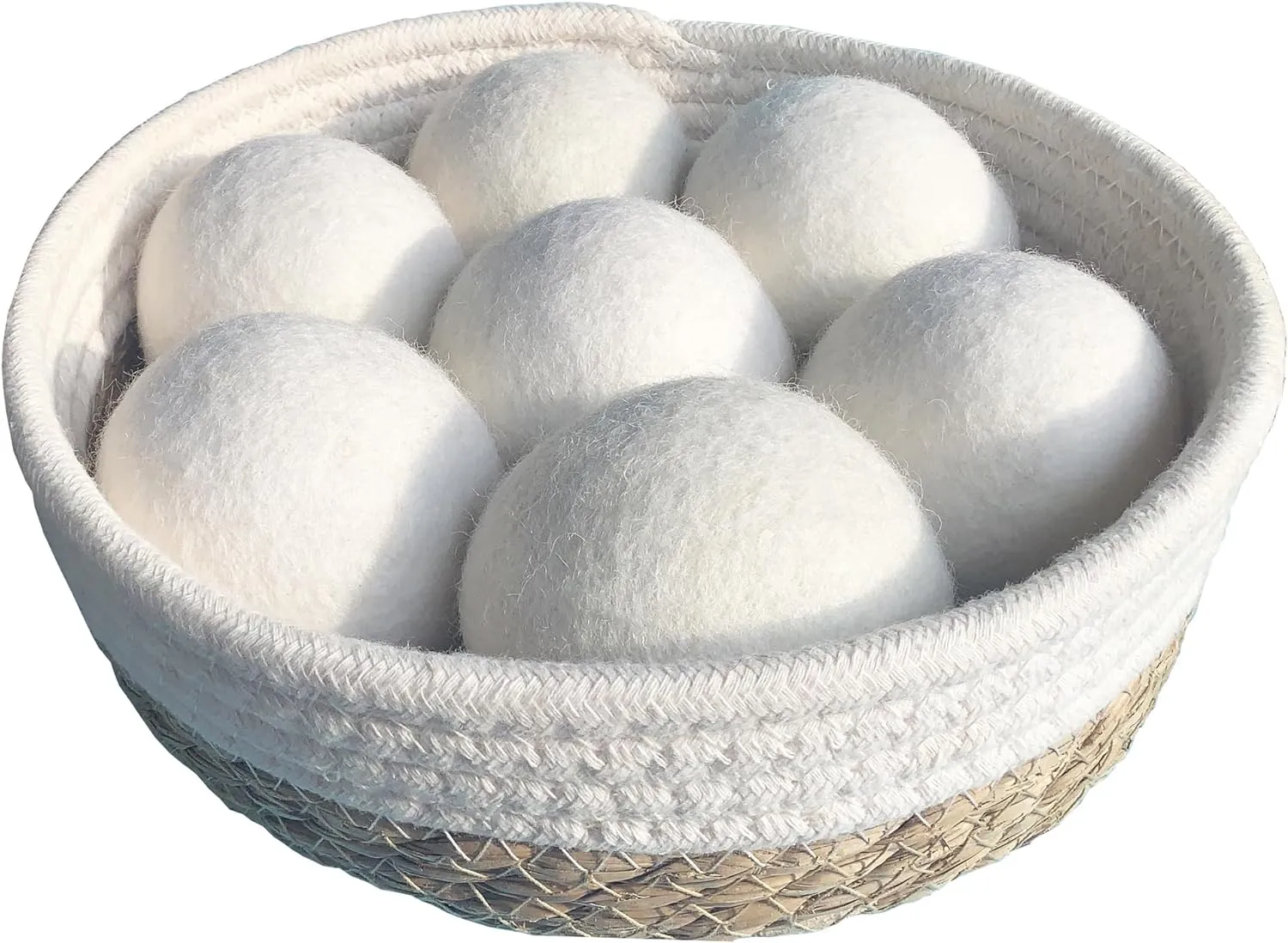 Luxury Natural Wool Dryer Balls Set – 7 Pack in Handcrafted Cattail Basket, Speed Up Drying, Reduces Clothing Wrinkles, Premium New Zealand Wool, Reusable