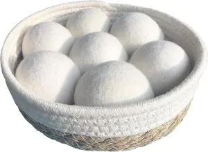Luxury Natural Wool Dryer Balls Set – 7 Pack in Handcrafted Cattail Basket, Speed Up Drying, Reduces Clothing Wrinkles, Premium New Zealand Wool, Reusable
