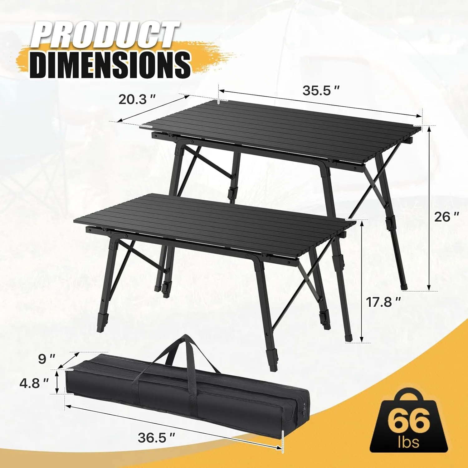 MADOG Portable Aluminum Camping Table, 35'' Lightweight Outdoor Folding Table Roll Up Desk with Carry Bag, for Travel, Picnic and Camp, Black