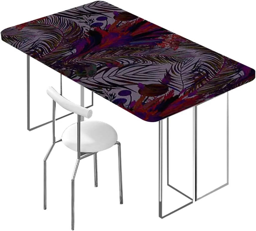 Magenta Rectangle Tables Decor Feathers Boho Pattern Repeating Sixties Elastic Fitted Tablecloth Waterproof Wipeable Abstract Fits up 5 Foot Tables
