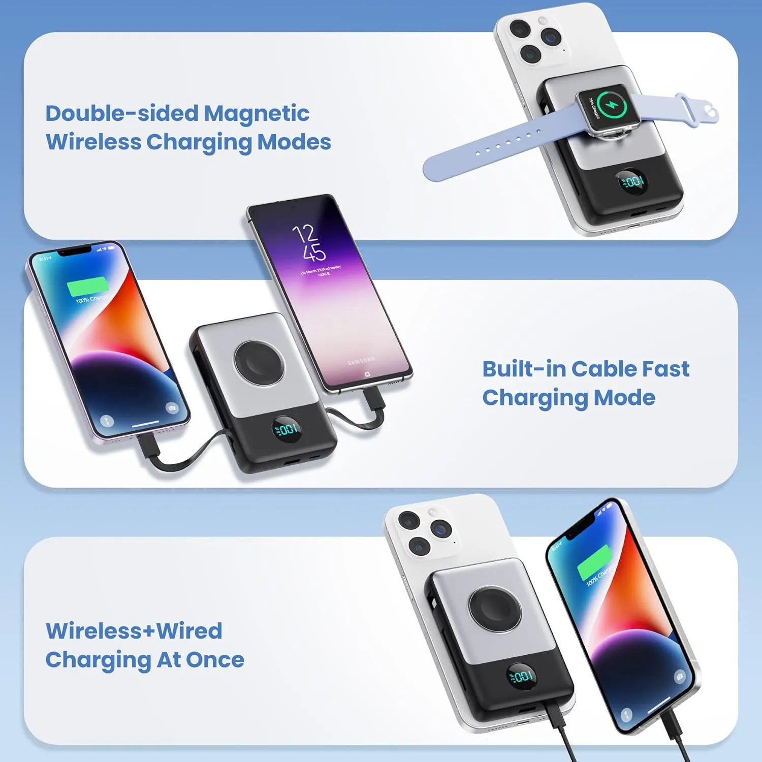 Magnetic Portable Charger 10800mAh for iPhone with Built-in Cables, 6-in-1 Wireless Power Bank with iWatch Charger, LCD Display 25W PD Fast Charging Battery Pack for iPhone 16/15/14/13/12, Apple Watch