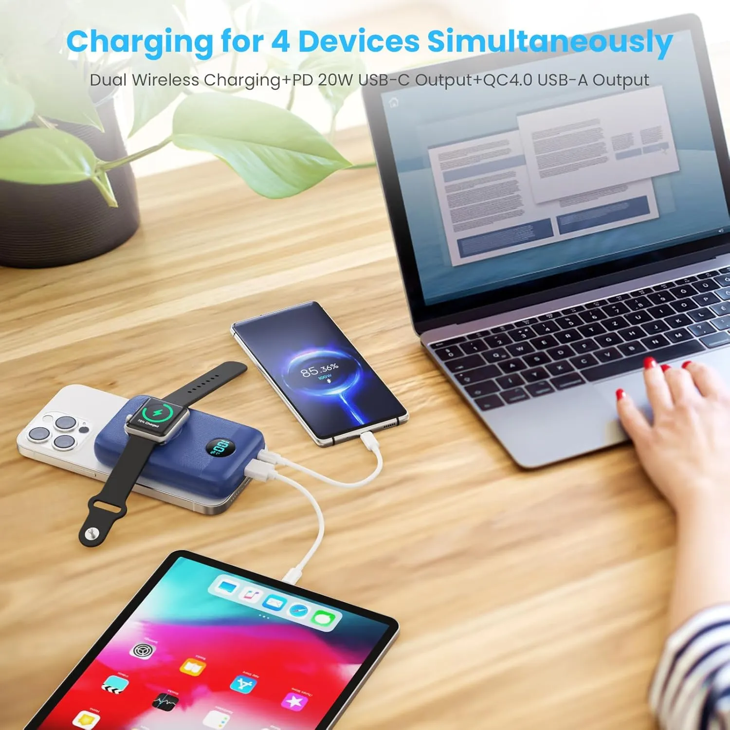 Magnetic Portable Charger 10800mAh,4-in-1 Wireless Power Bank with iWatch Charger, QC4.0 20W PD Fast Charging USB C Battery Pack with LCD Display for Magsafe,iPhone 16/15/14/13/12,Apple Watch (Blue)