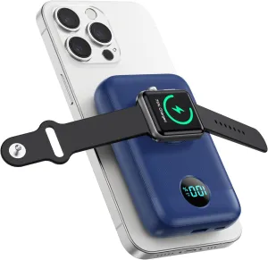 Magnetic Portable Charger 10800mAh,4-in-1 Wireless Power Bank with iWatch Charger, QC4.0 20W PD Fast Charging USB C Battery Pack with LCD Display for Magsafe,iPhone 16/15/14/13/12,Apple Watch (Blue)