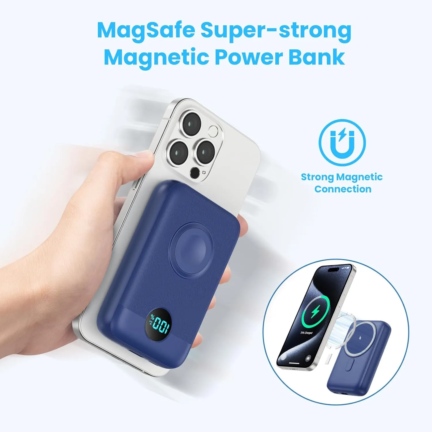 Magnetic Portable Charger 10800mAh,4-in-1 Wireless Power Bank with iWatch Charger, QC4.0 20W PD Fast Charging USB C Battery Pack with LCD Display for Magsafe,iPhone 16/15/14/13/12,Apple Watch (Blue)