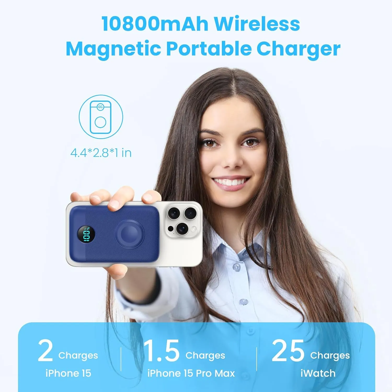 Magnetic Portable Charger 10800mAh,4-in-1 Wireless Power Bank with iWatch Charger, QC4.0 20W PD Fast Charging USB C Battery Pack with LCD Display for Magsafe,iPhone 16/15/14/13/12,Apple Watch (Blue)