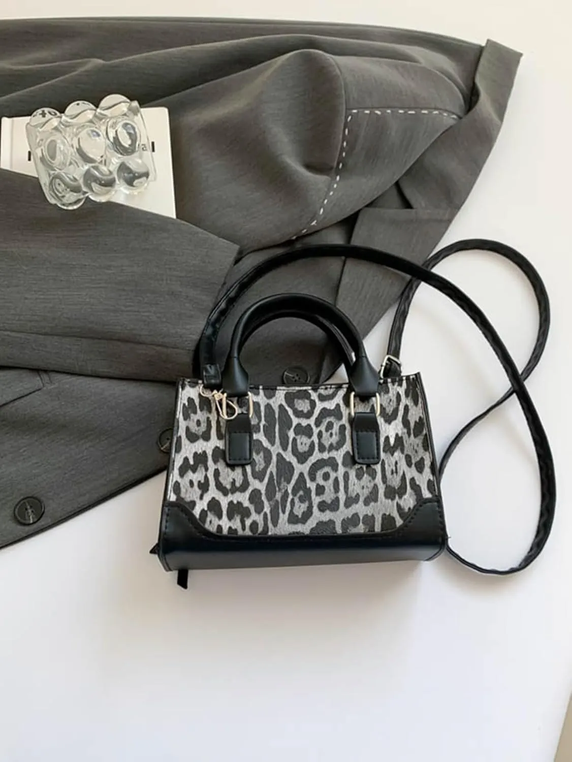 MakeMeChic Women's Cheetah Print Shoulder Bag Leather Double Handle Square Crossbody Bag