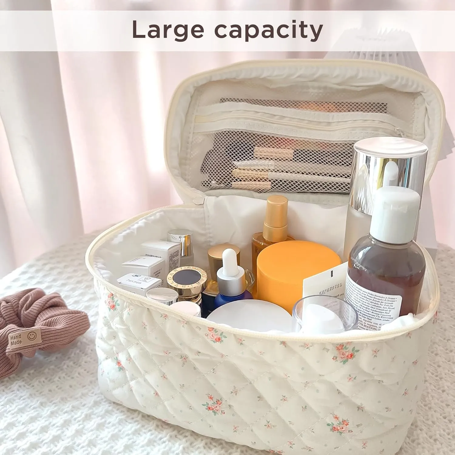 Makeup Bag Large Travel Quilted Cosmetic Makeup Bag Organizer, Floral Cotton Coquette Aesthetic Toiletry Bag for Women Girls (Garden Floral-L)