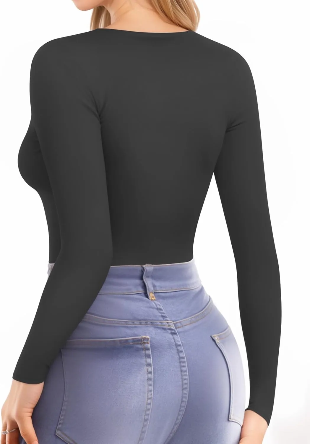 MANGOPOP Womens Tops Long Sleeve Crew Neck t Shirts Double Lined Slim Fitted Lined Tight Basic Tee Shirt