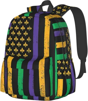 Mardi Gras American Flag Backpack Casual Laptop Backpack Large Capacity Double Shoulder Bag Travel Daypack For Women Men