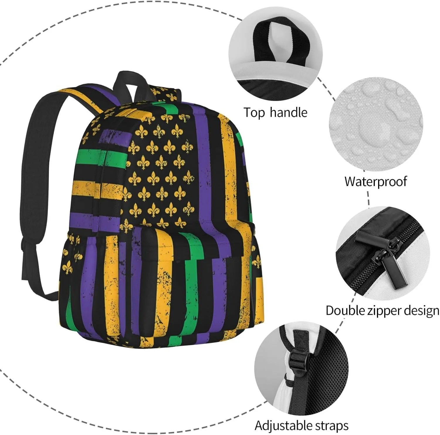 Mardi Gras American Flag Backpack Casual Laptop Backpack Large Capacity Double Shoulder Bag Travel Daypack For Women Men