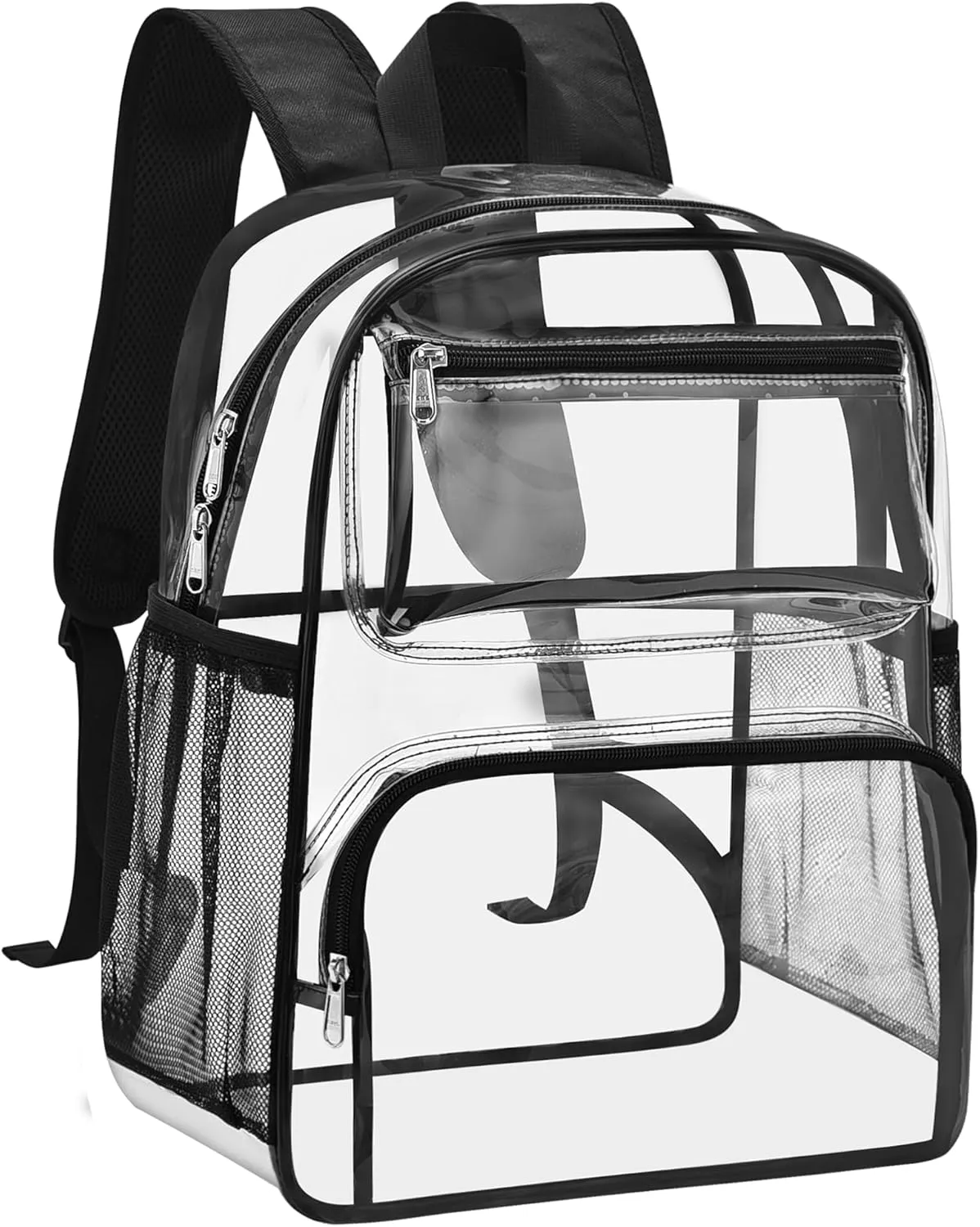 MAY TREE Clear Backpack Heavy Duty Transparent Bookbag with Reinforced Padded Strap for School and Work, Black-Large