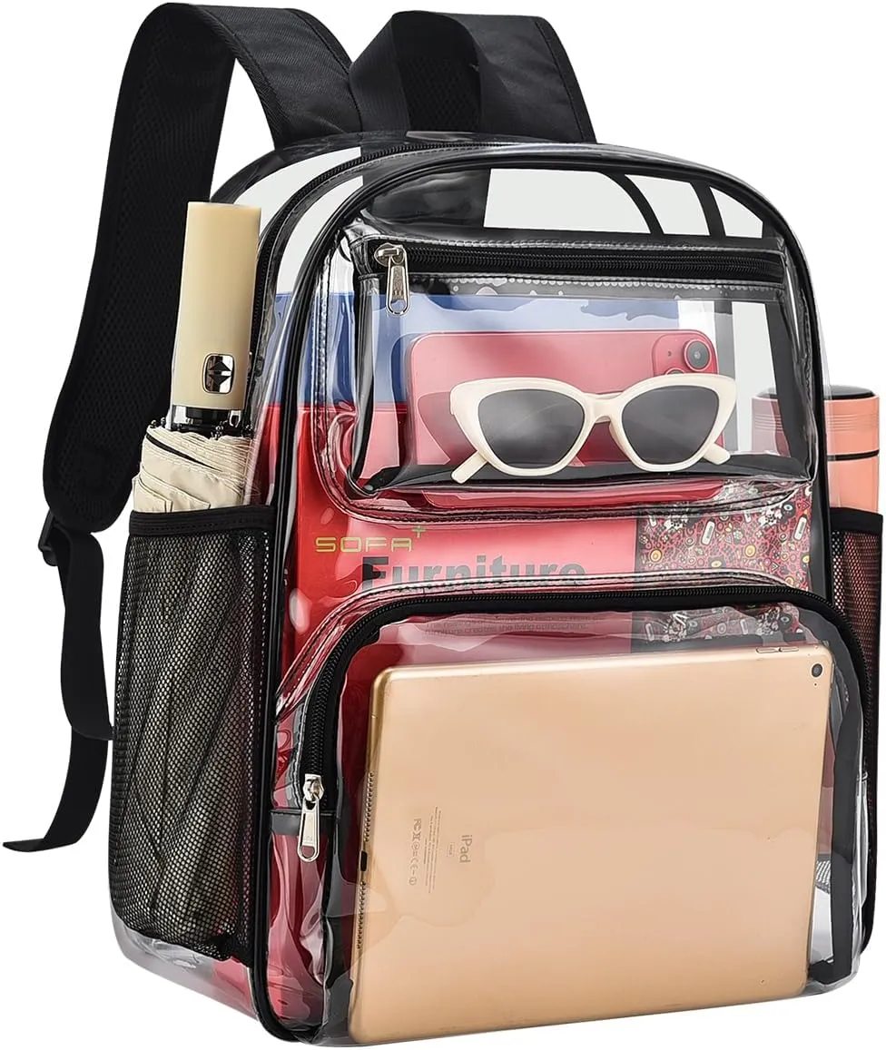 MAY TREE Clear Backpack Heavy Duty Transparent Bookbag with Reinforced Padded Strap for School and Work, Black-Large