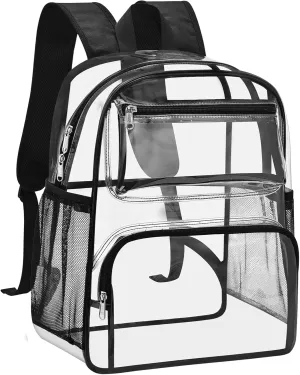 MAY TREE Clear Backpack Heavy Duty Transparent Bookbag with Reinforced Padded Strap for School and Work, Black-Large