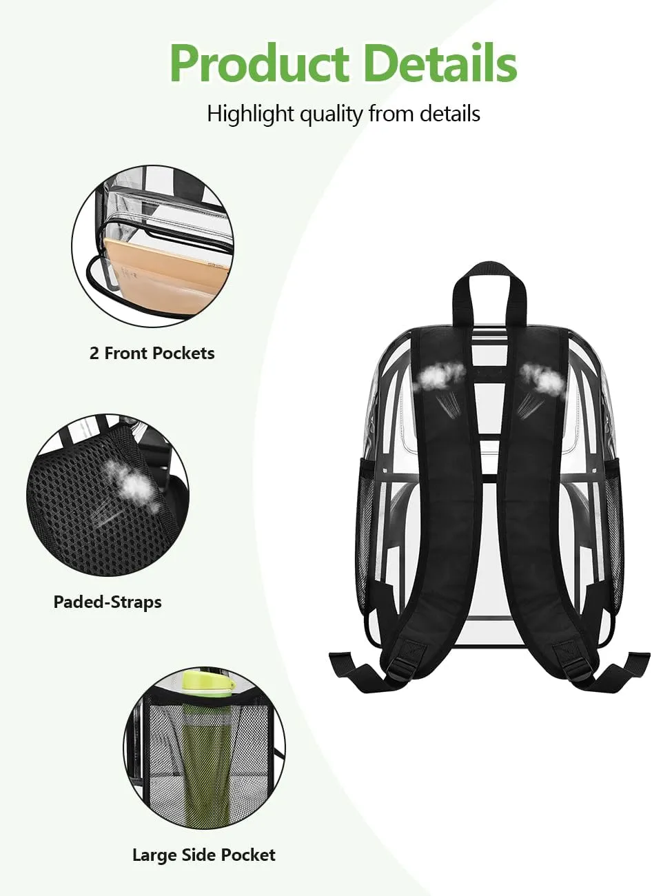 MAY TREE Clear Backpack Heavy Duty Transparent Bookbag with Reinforced Padded Strap for School and Work, Black-Large