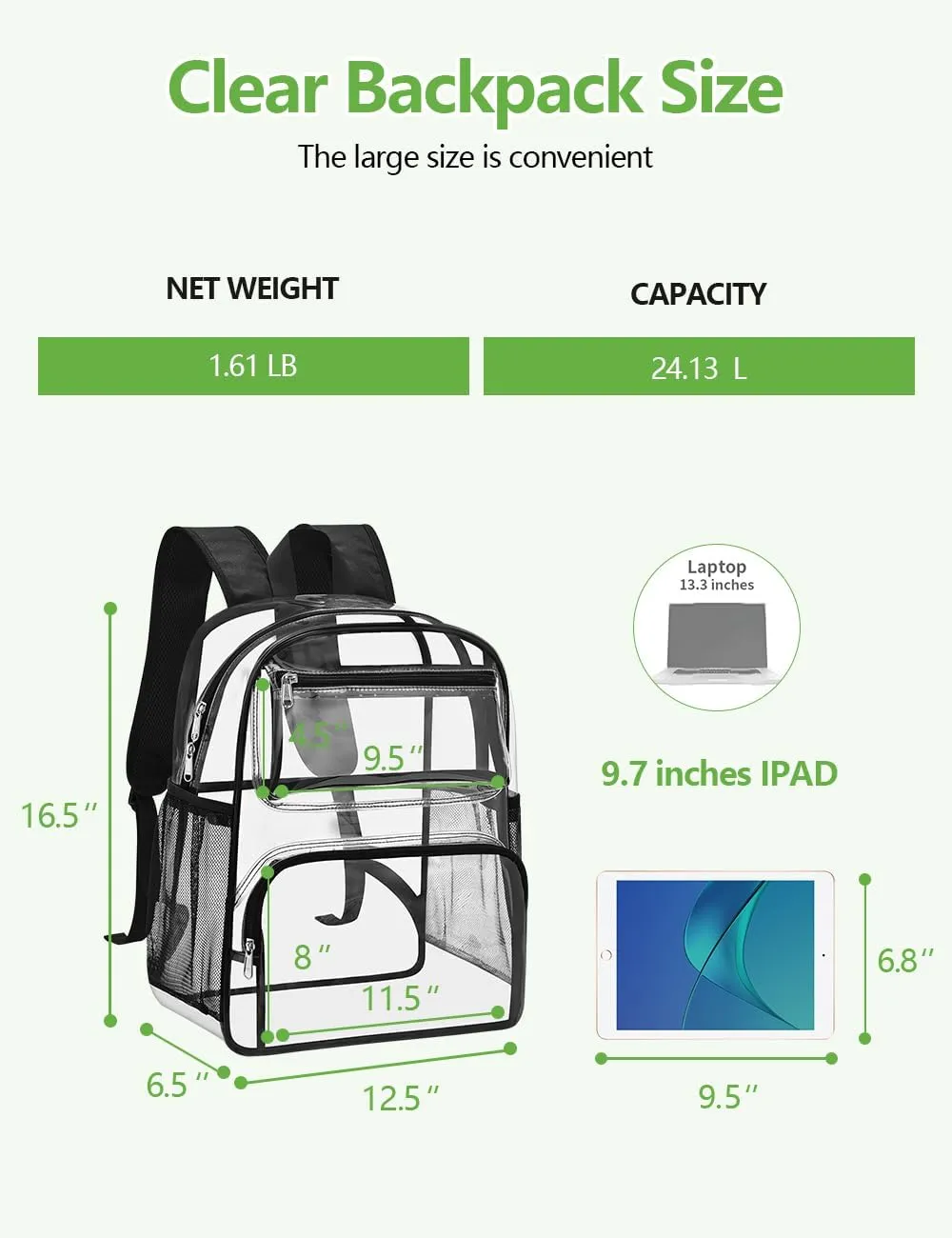 MAY TREE Clear Backpack Heavy Duty Transparent Bookbag with Reinforced Padded Strap for School and Work, Black-Large