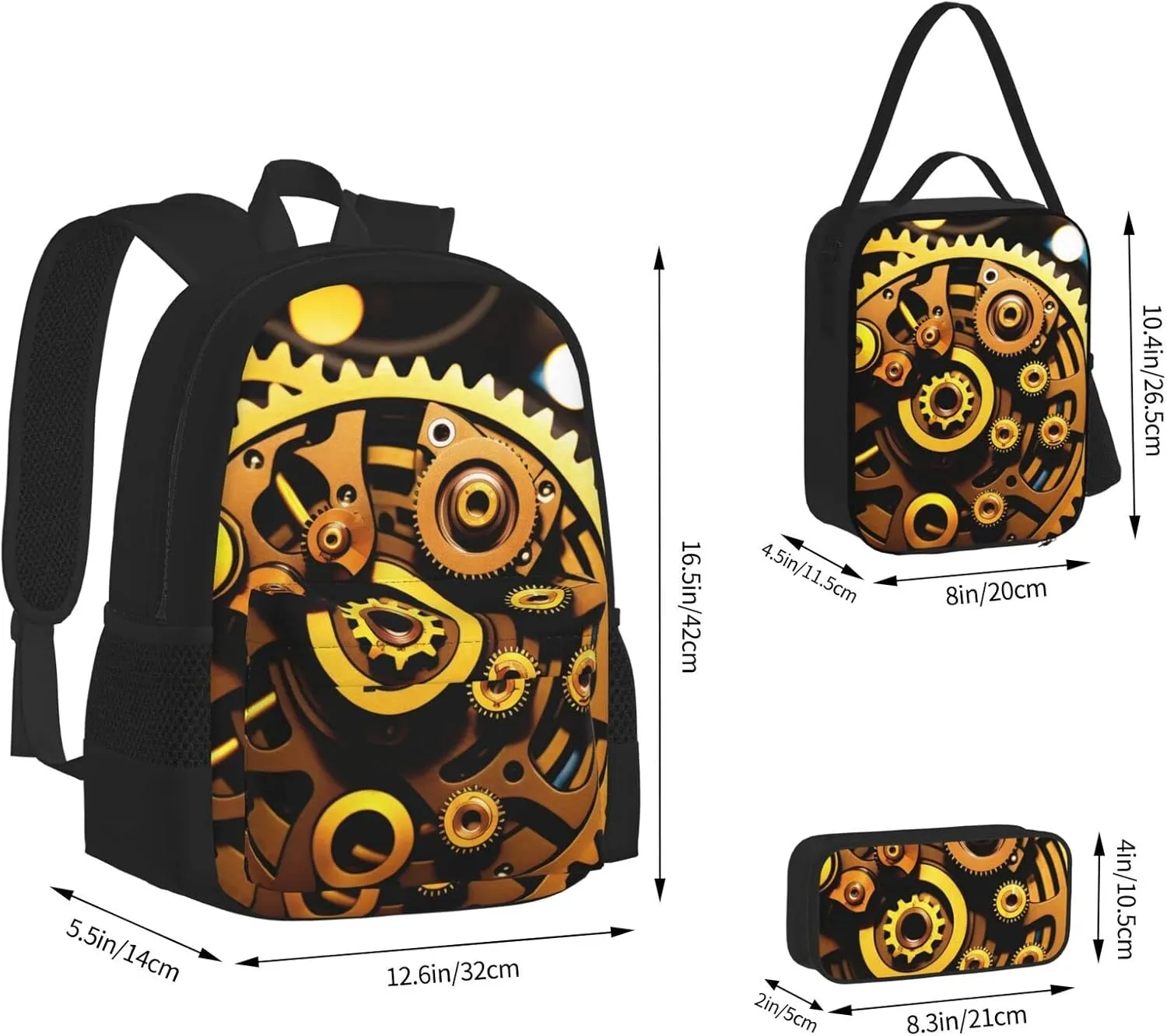 Mechanical Gold Disc Three-Piece Backpack Set With Pocket Backpack Cross-Body Lunch Bag Pen Bag For Travel Daypack