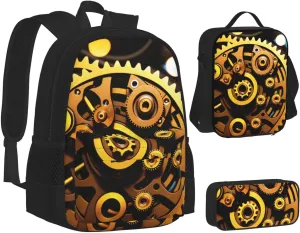 Mechanical Gold Disc Three-Piece Backpack Set With Pocket Backpack Cross-Body Lunch Bag Pen Bag For Travel Daypack