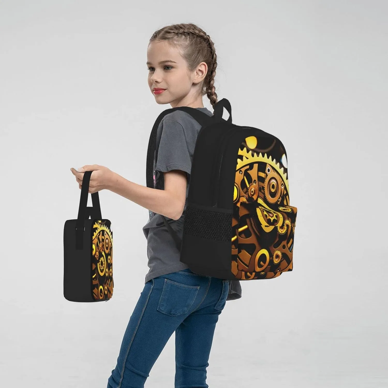 Mechanical Gold Disc Three-Piece Backpack Set With Pocket Backpack Cross-Body Lunch Bag Pen Bag For Travel Daypack