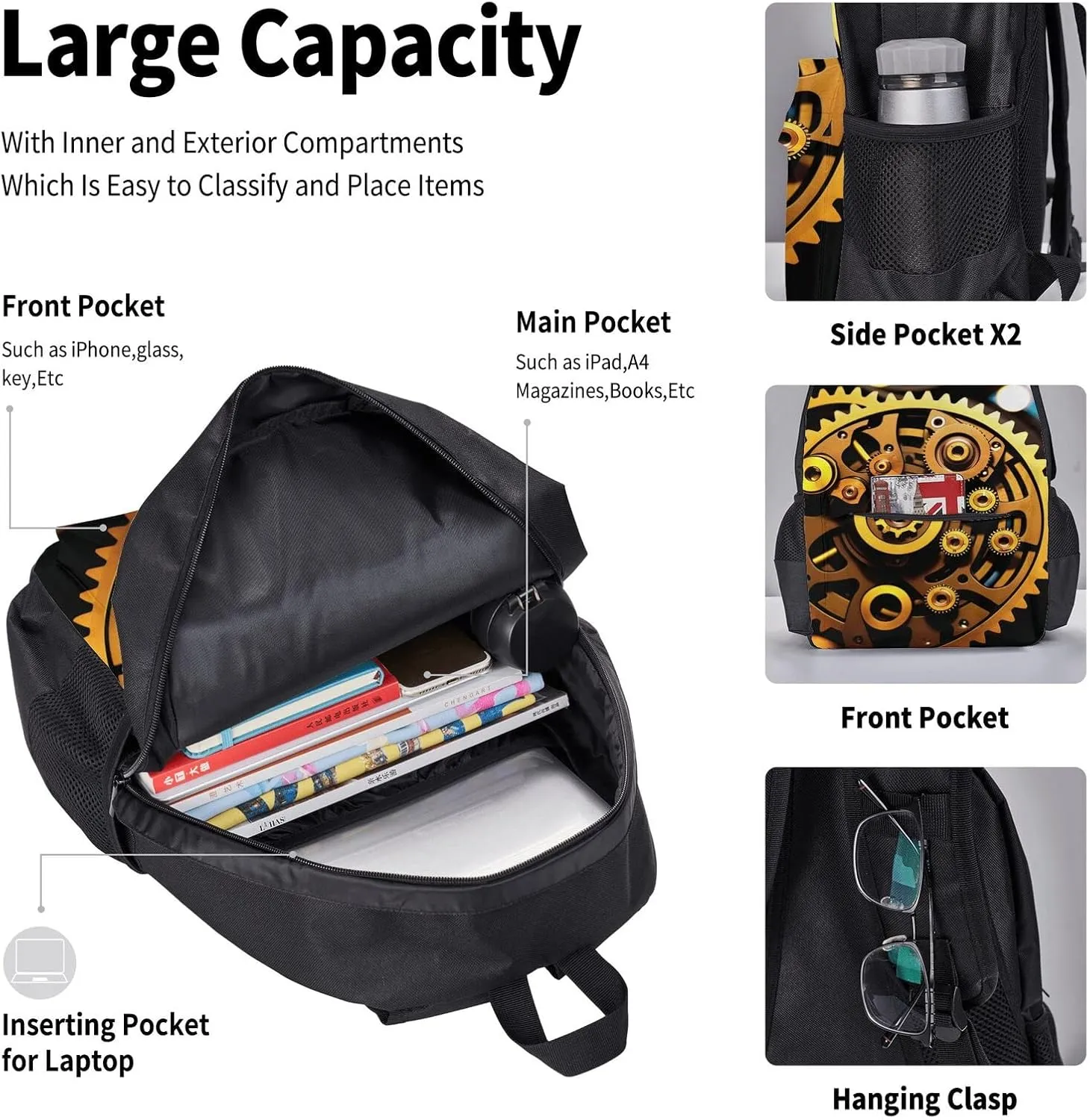 Mechanical Gold Disc Three-Piece Backpack Set With Pocket Backpack Cross-Body Lunch Bag Pen Bag For Travel Daypack