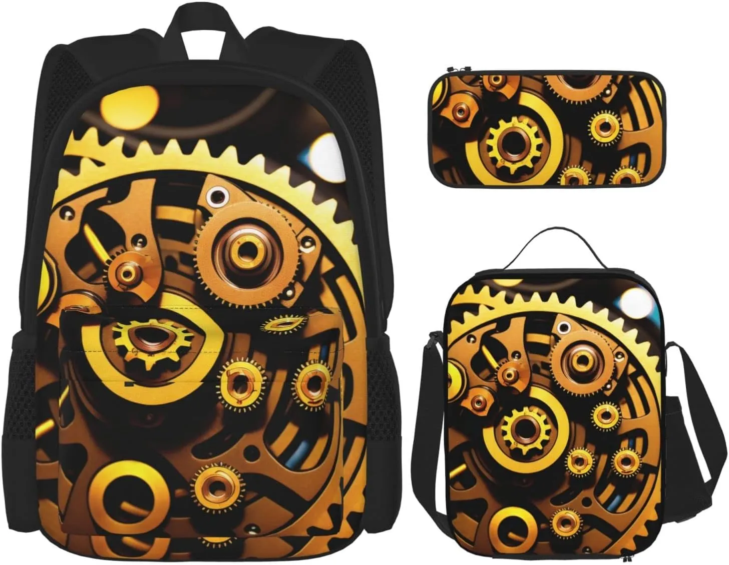 Mechanical Gold Disc Three-Piece Backpack Set With Pocket Backpack Cross-Body Lunch Bag Pen Bag For Travel Daypack