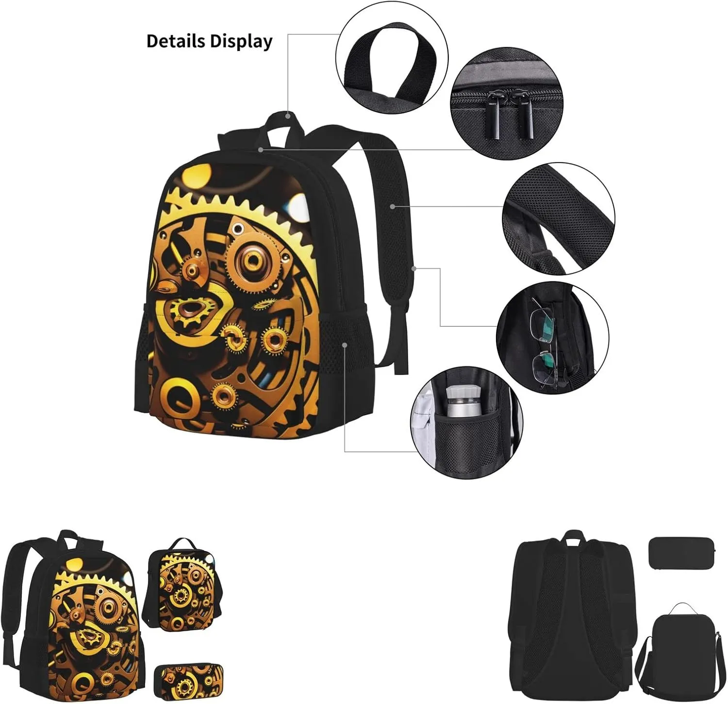 Mechanical Gold Disc Three-Piece Backpack Set With Pocket Backpack Cross-Body Lunch Bag Pen Bag For Travel Daypack