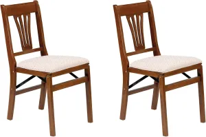 MECO Stakmore Urn Premium Solid Wood Dining Table Folding Chair Set with Fabric Padded Upholstered Seat, Fruitwood/Blush (2 Pack)