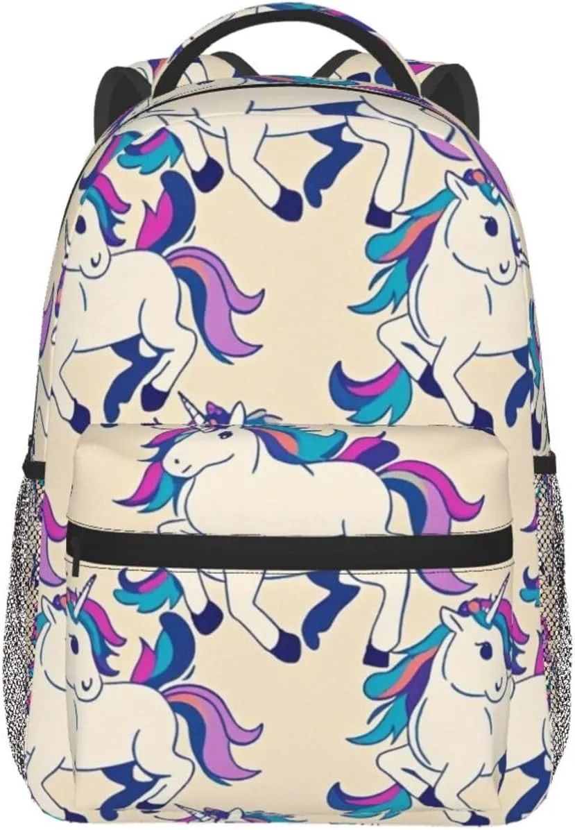 Men & Women Polyester Cute Rainbow Unicorn Art Backpack Large Capacity Bookbag With Smooth Zippers for Climbing Picnic Bicycle