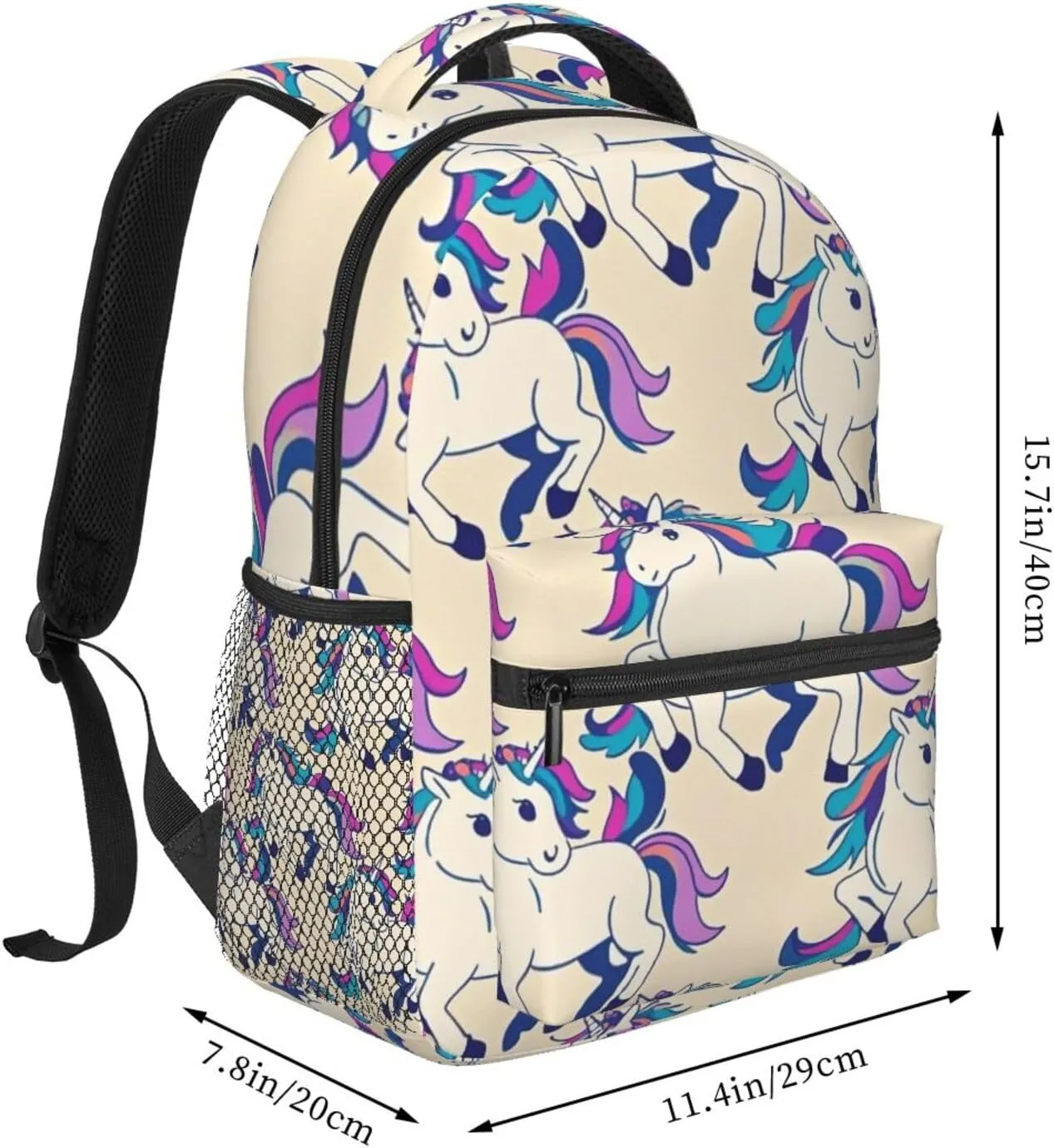 Men & Women Polyester Cute Rainbow Unicorn Art Backpack Large Capacity Bookbag With Smooth Zippers for Climbing Picnic Bicycle