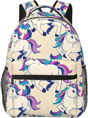 Men & Women Polyester Cute Rainbow Unicorn Art Backpack Large Capacity Bookbag With Smooth Zippers for Climbing Picnic Bicycle