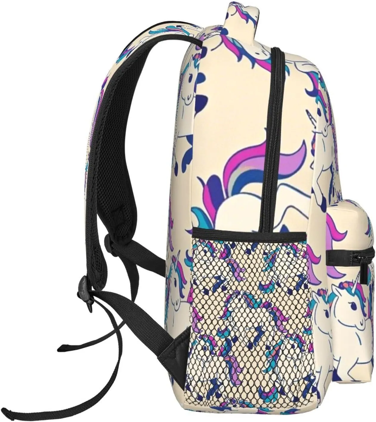 Men & Women Polyester Cute Rainbow Unicorn Art Backpack Large Capacity Bookbag With Smooth Zippers for Climbing Picnic Bicycle