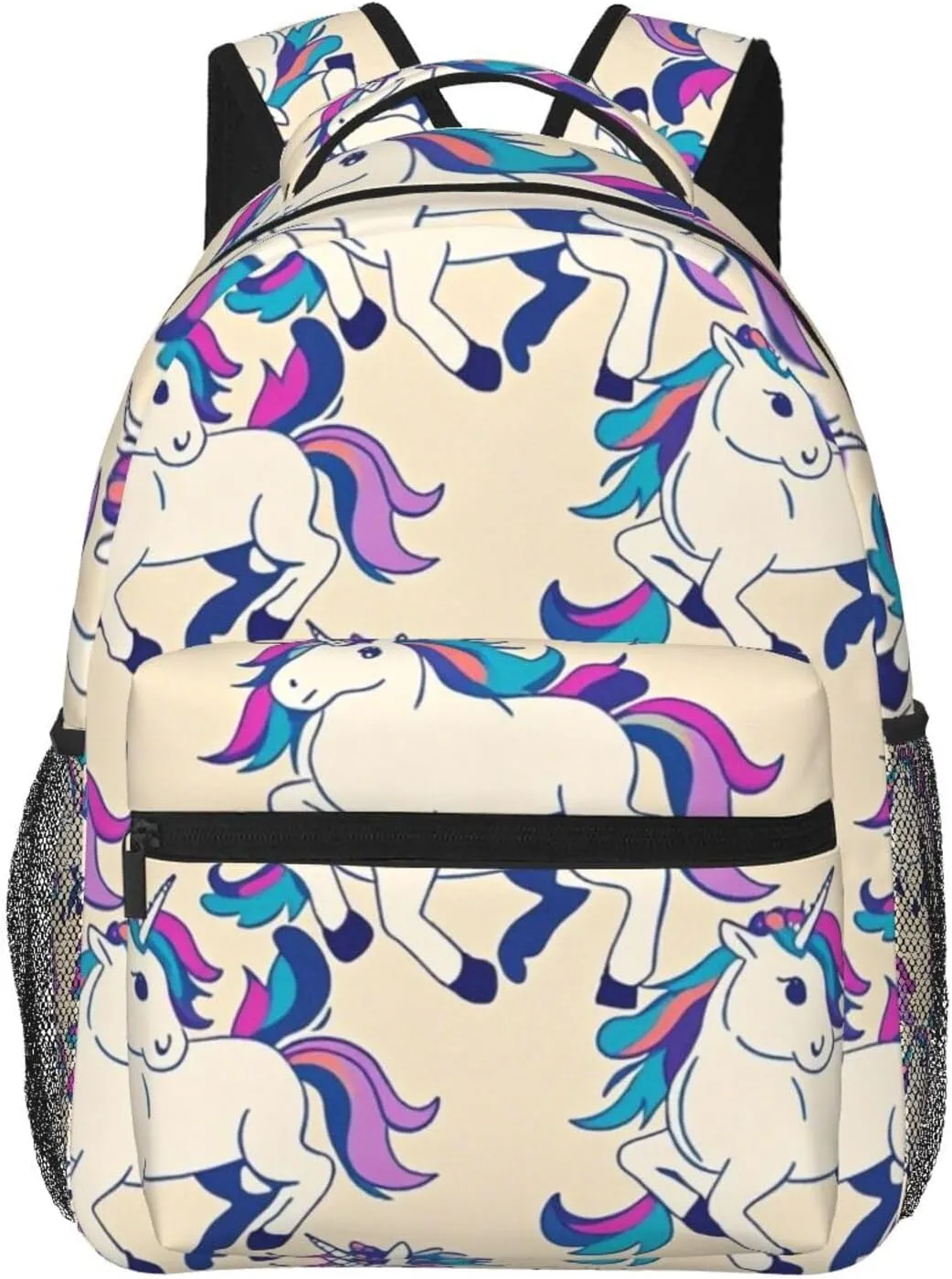 Men & Women Polyester Cute Rainbow Unicorn Art Backpack Large Capacity Bookbag With Smooth Zippers for Climbing Picnic Bicycle