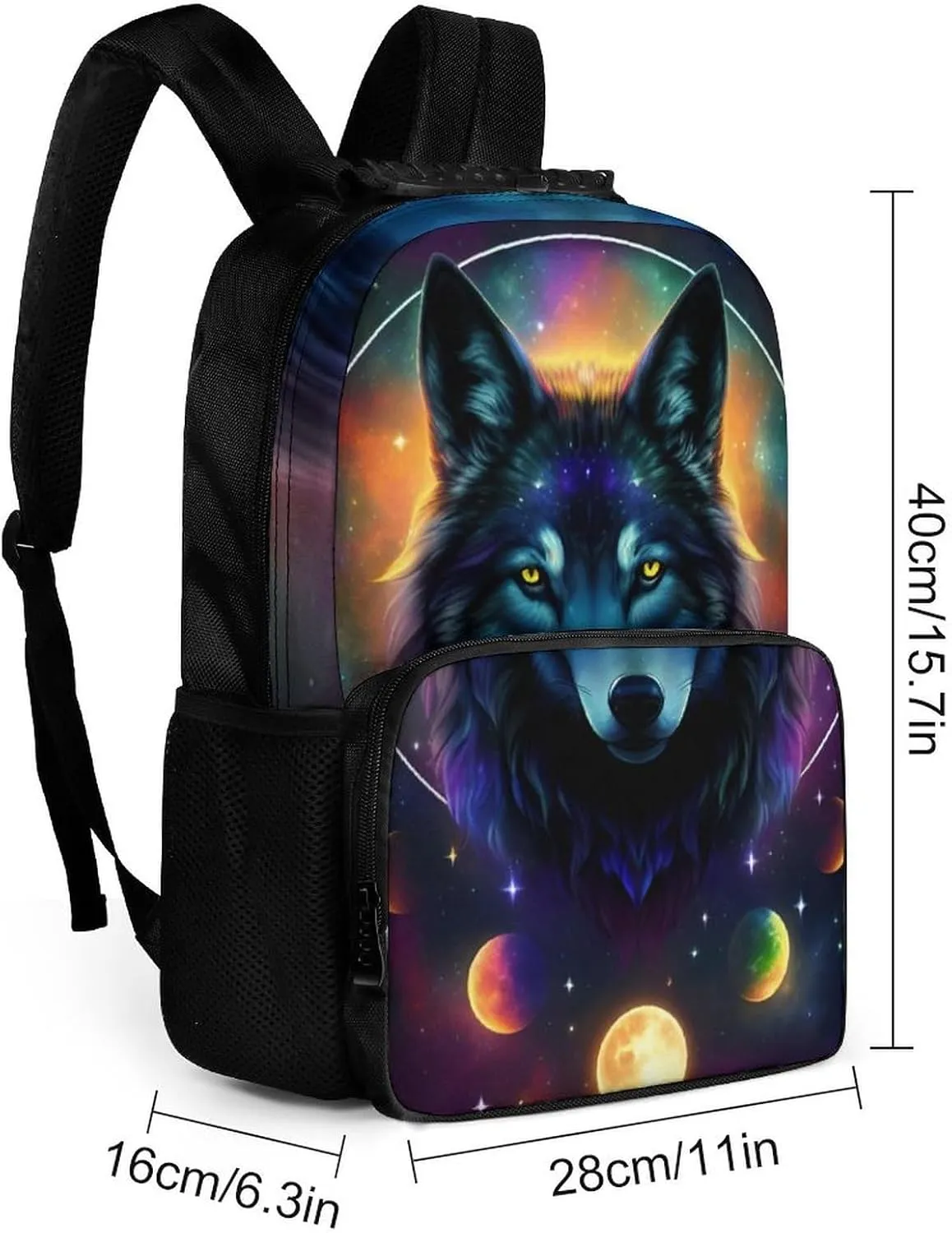 Men Women Lightweight Galaxy Psychedelic Wolf Night Sky Space Art Backpack Large Capacity Bookbag With Smooth Zippers for Gym Business Running