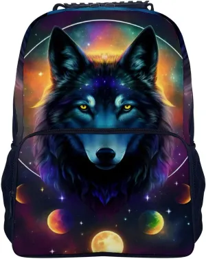 Men Women Lightweight Galaxy Psychedelic Wolf Night Sky Space Art Backpack Large Capacity Bookbag With Smooth Zippers for Gym Business Running