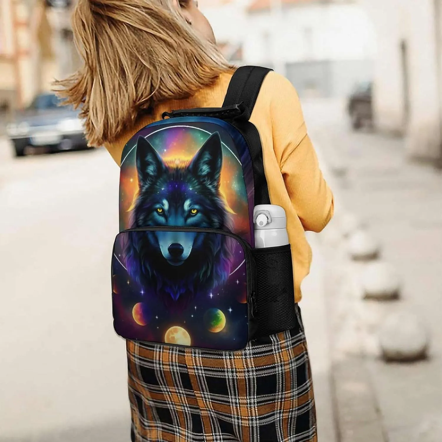 Men Women Lightweight Galaxy Psychedelic Wolf Night Sky Space Art Backpack Large Capacity Bookbag With Smooth Zippers for Gym Business Running
