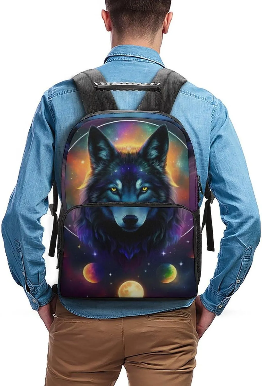 Men Women Lightweight Galaxy Psychedelic Wolf Night Sky Space Art Backpack Large Capacity Bookbag With Smooth Zippers for Gym Business Running