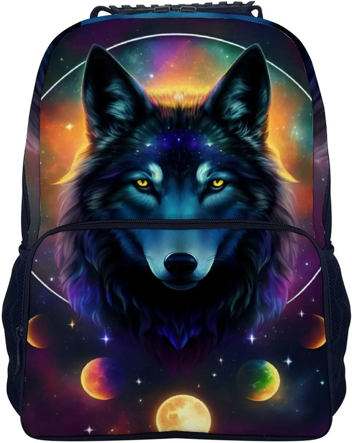 Men Women Lightweight Galaxy Psychedelic Wolf Night Sky Space Art Backpack Large Capacity Bookbag With Smooth Zippers for Gym Business Running