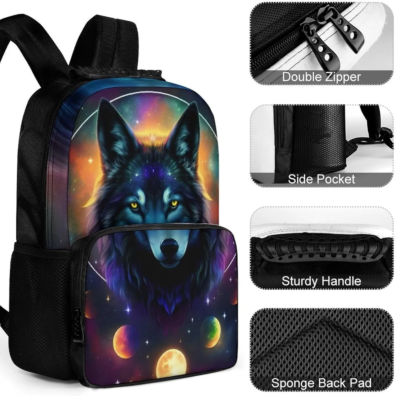 Men Women Lightweight Galaxy Psychedelic Wolf Night Sky Space Art Backpack Large Capacity Bookbag With Smooth Zippers for Gym Business Running