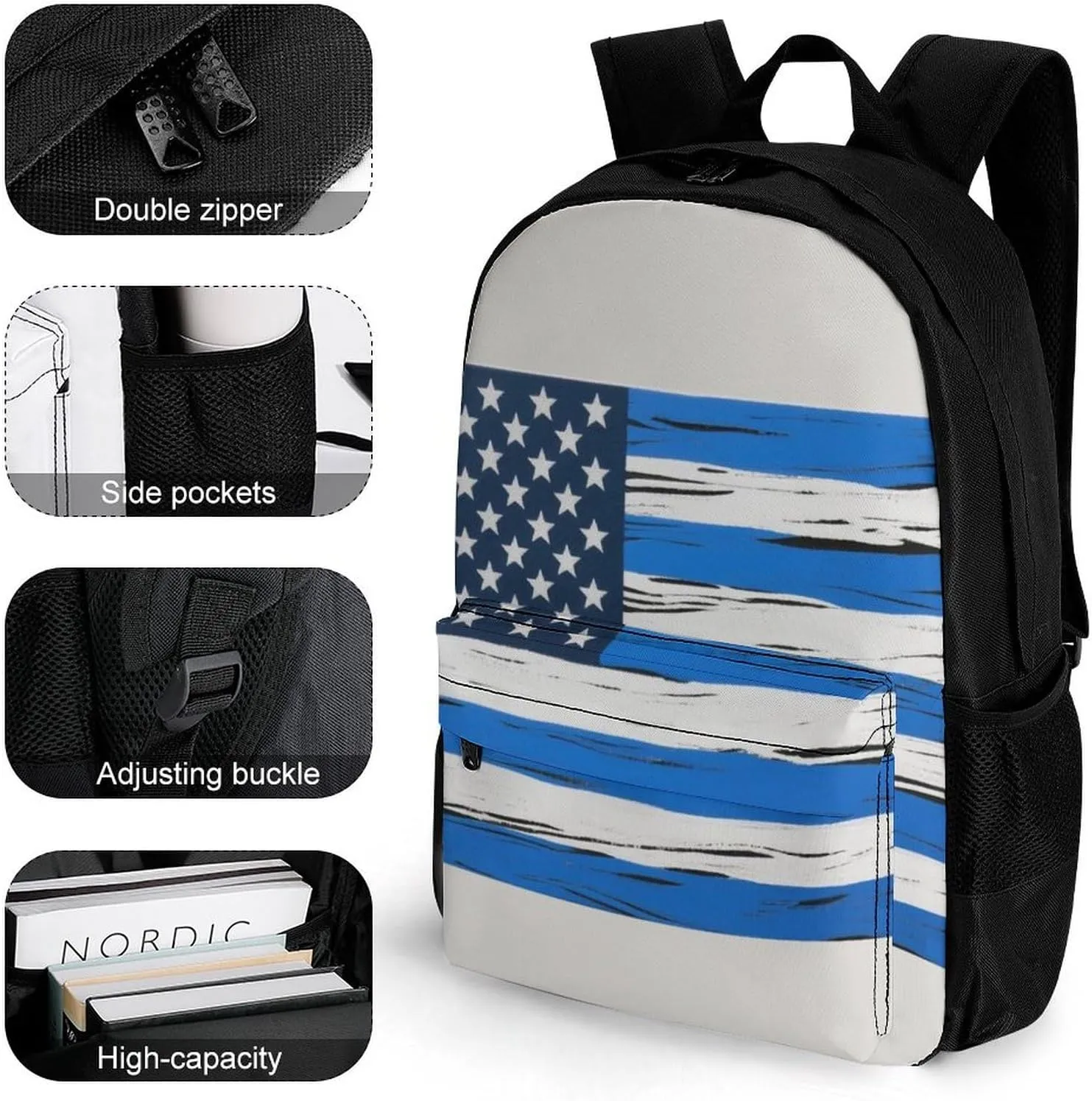 Men Women Lightweight Thin Blue Line American Flag Art Backpack Large Capacity Carry On Bag With Padded Straps for Sports Work Walking Cycling