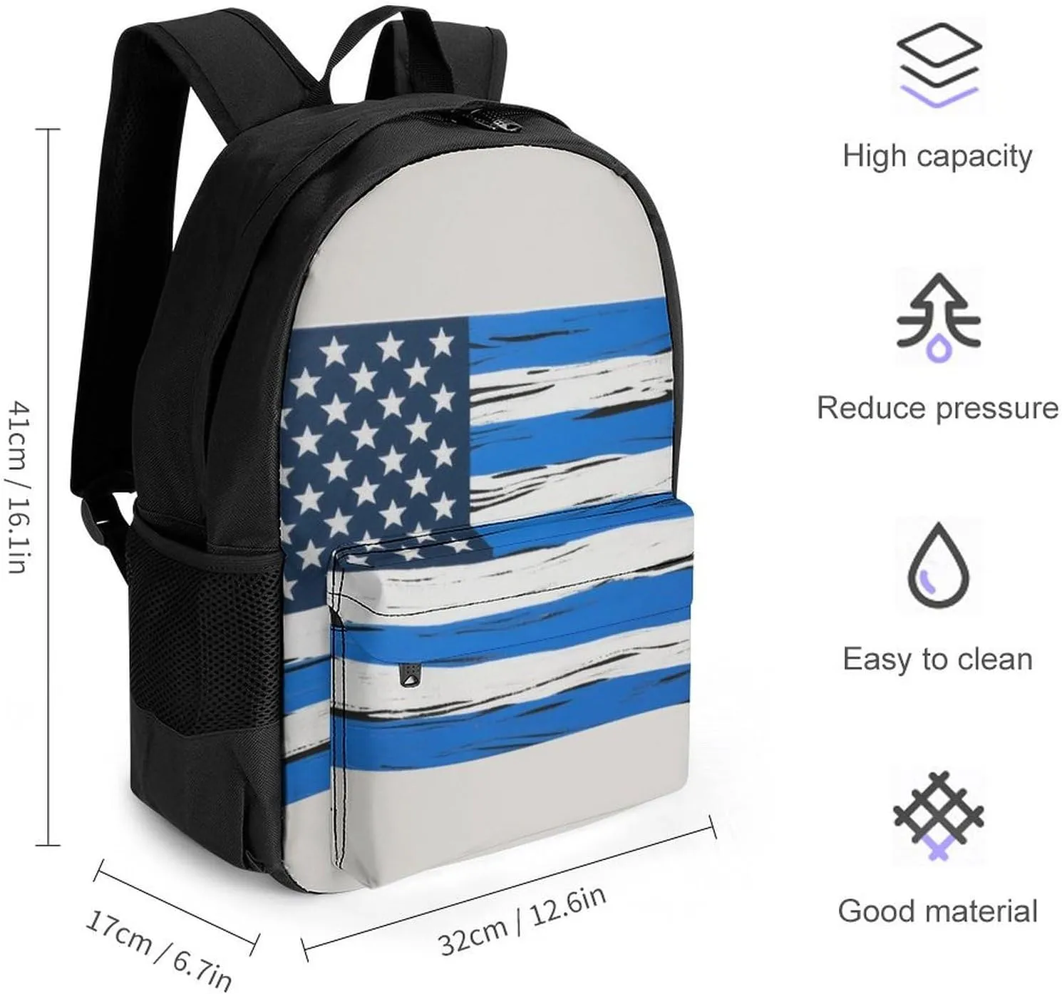Men Women Lightweight Thin Blue Line American Flag Art Backpack Large Capacity Carry On Bag With Padded Straps for Sports Work Walking Cycling