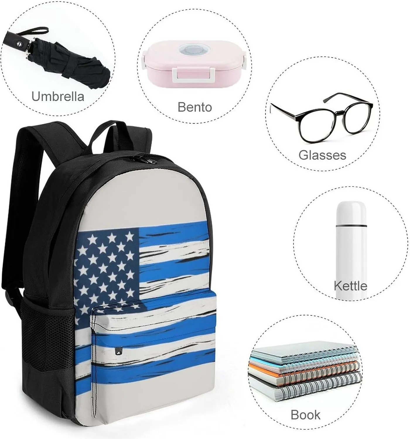 Men Women Lightweight Thin Blue Line American Flag Art Backpack Large Capacity Carry On Bag With Padded Straps for Sports Work Walking Cycling