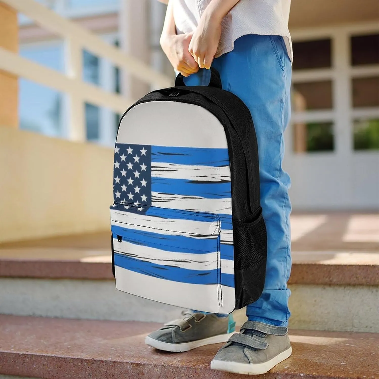 Men Women Lightweight Thin Blue Line American Flag Art Backpack Large Capacity Carry On Bag With Padded Straps for Sports Work Walking Cycling