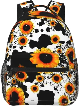 Men Women Polyester 80S Vintage Sunflower Cow Print Daypack Backpack Large Capacity Carry On Bag With Smooth Zippers for Hiking Picnic Walking Cycling