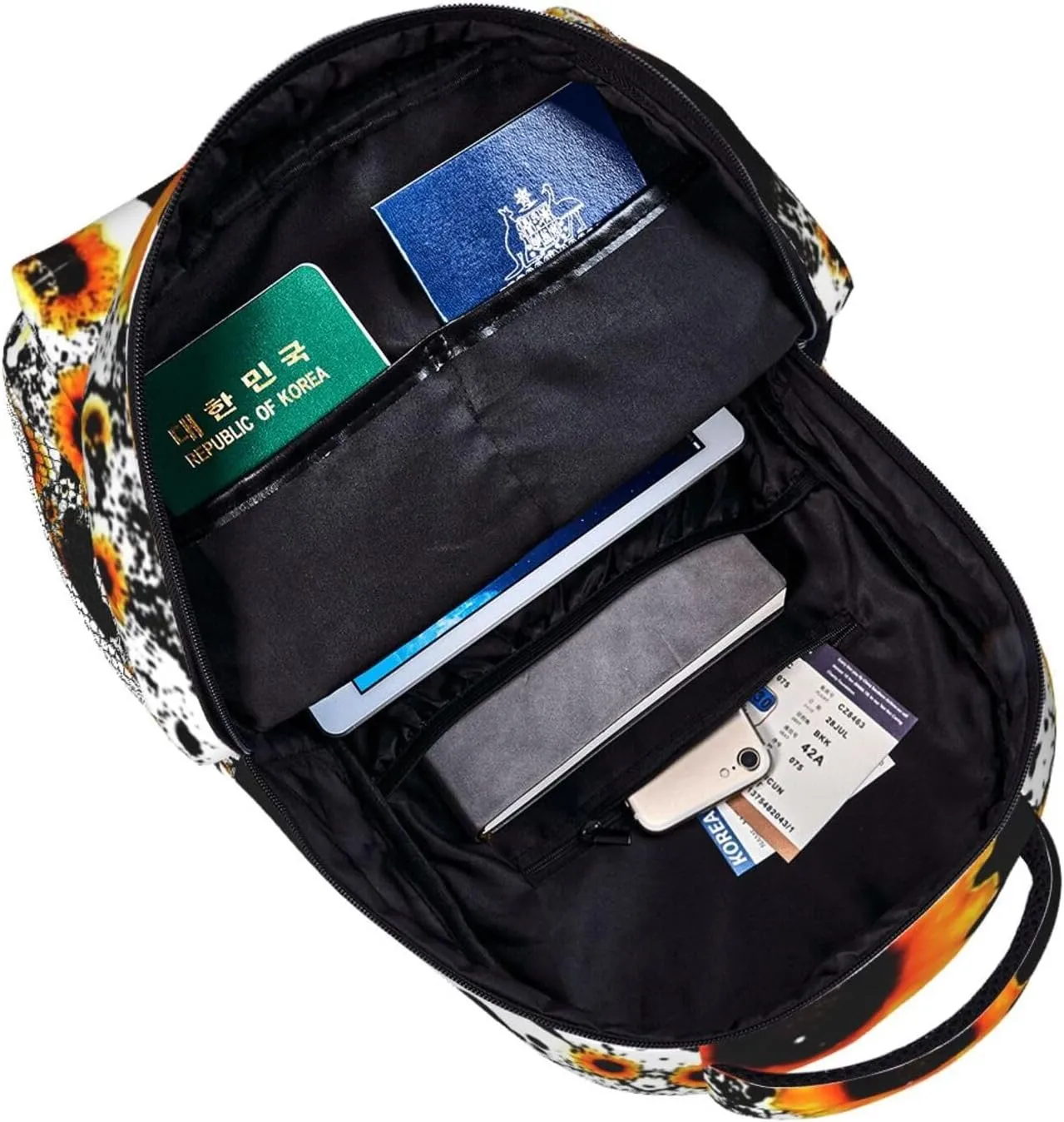 Men Women Polyester 80S Vintage Sunflower Cow Print Daypack Backpack Large Capacity Carry On Bag With Smooth Zippers for Hiking Picnic Walking Cycling