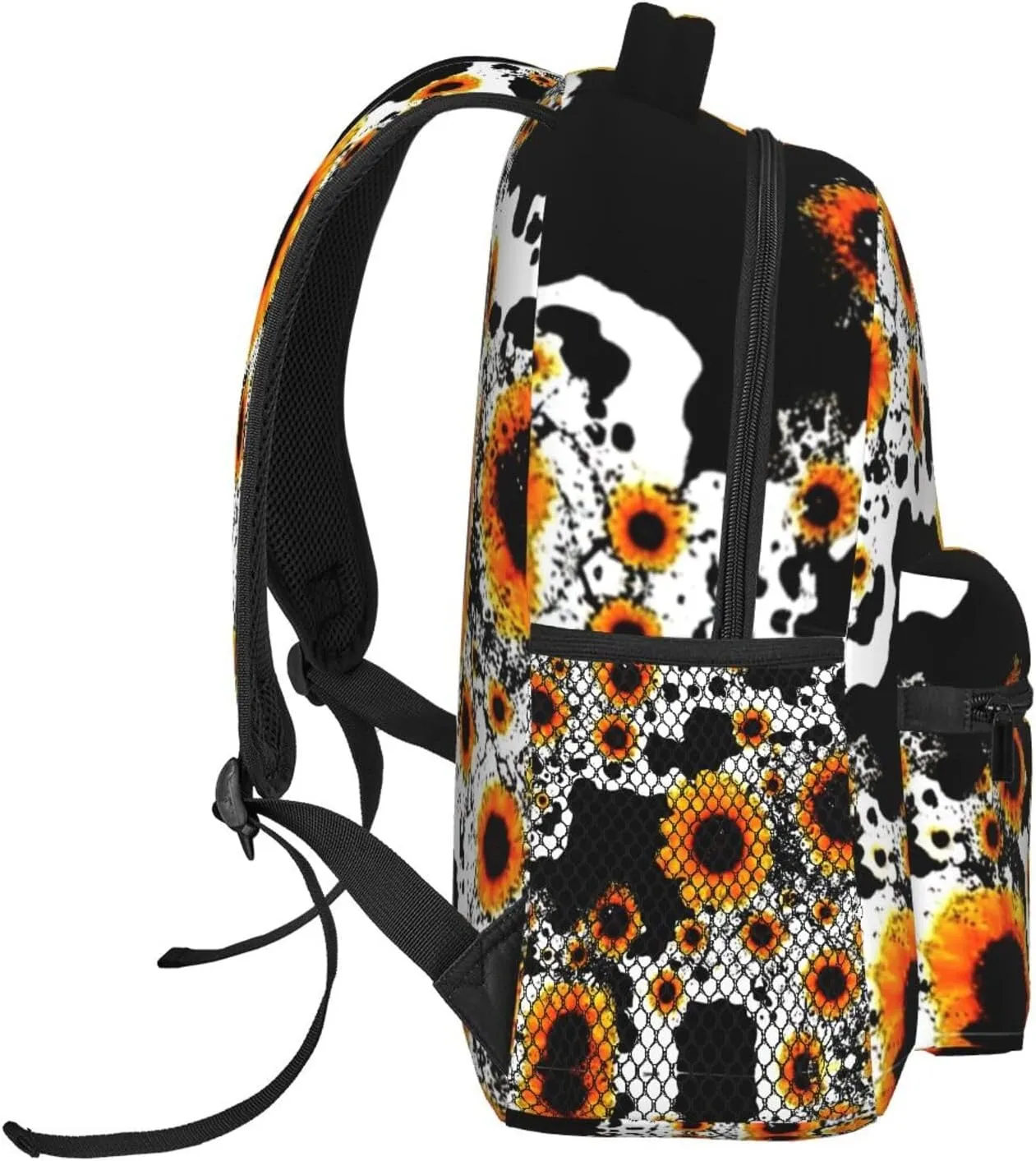 Men Women Polyester 80S Vintage Sunflower Cow Print Daypack Backpack Large Capacity Carry On Bag With Smooth Zippers for Hiking Picnic Walking Cycling