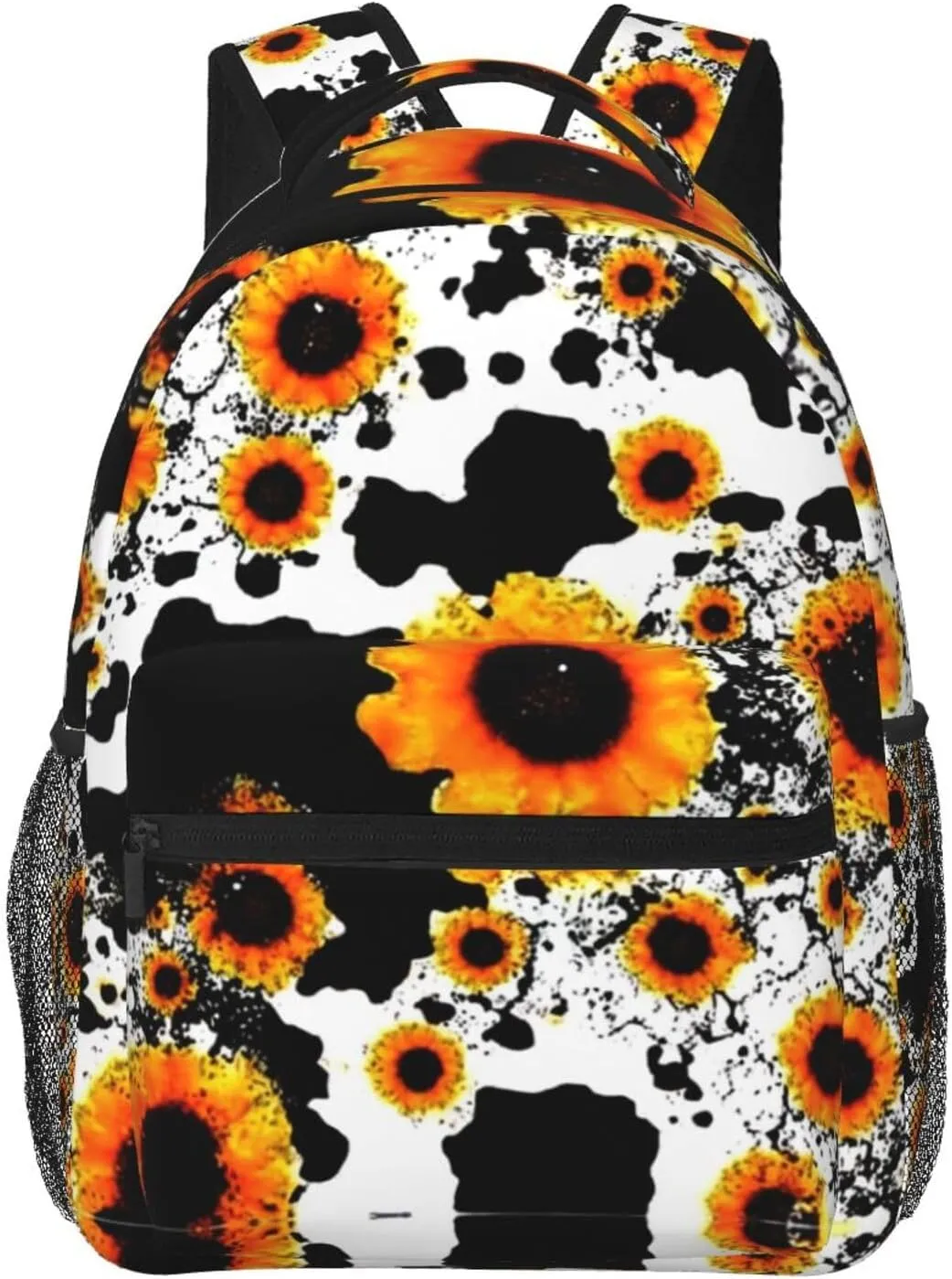 Men Women Polyester 80S Vintage Sunflower Cow Print Daypack Backpack Large Capacity Carry On Bag With Smooth Zippers for Hiking Picnic Walking Cycling