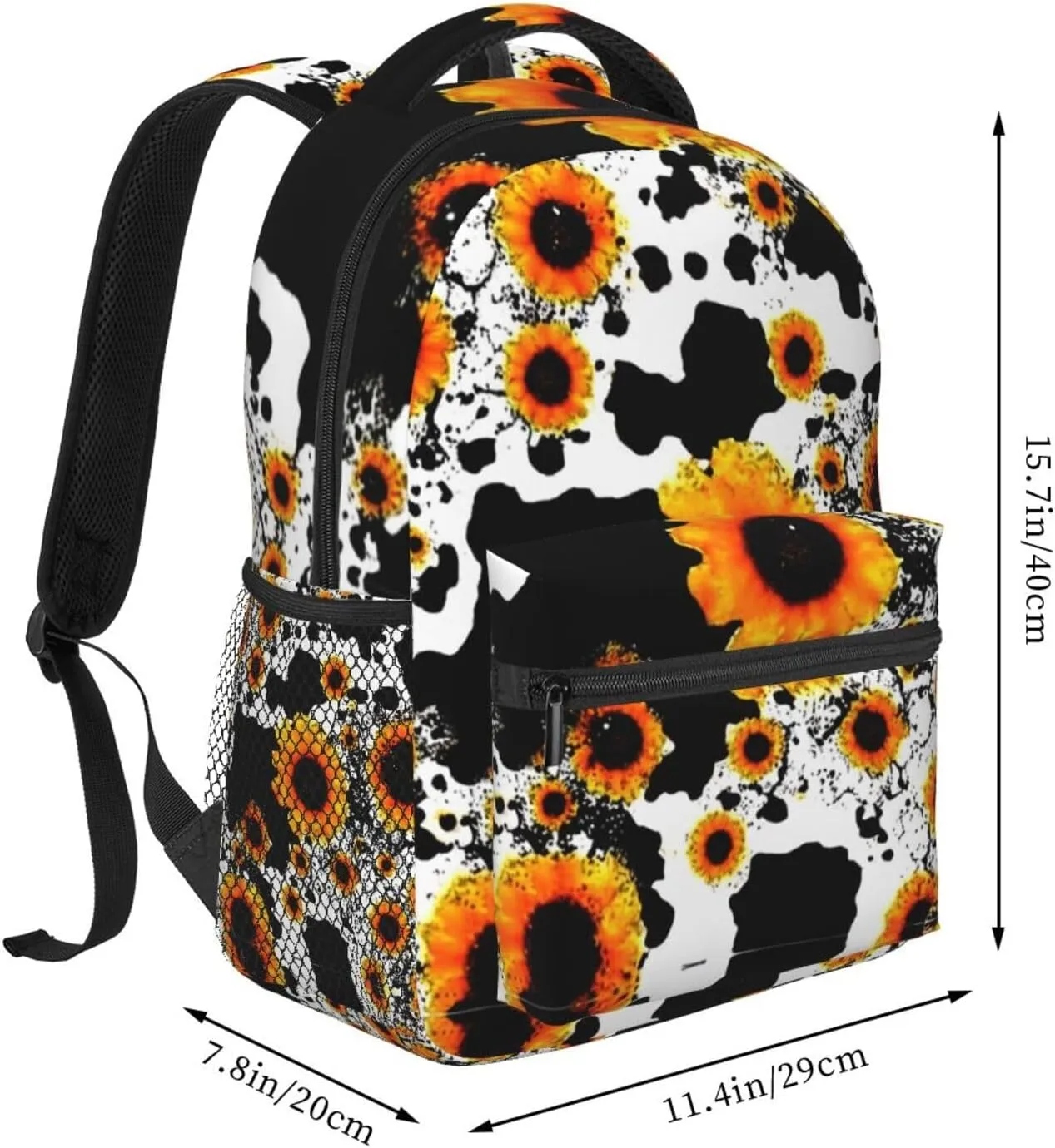 Men Women Polyester 80S Vintage Sunflower Cow Print Daypack Backpack Large Capacity Carry On Bag With Smooth Zippers for Hiking Picnic Walking Cycling