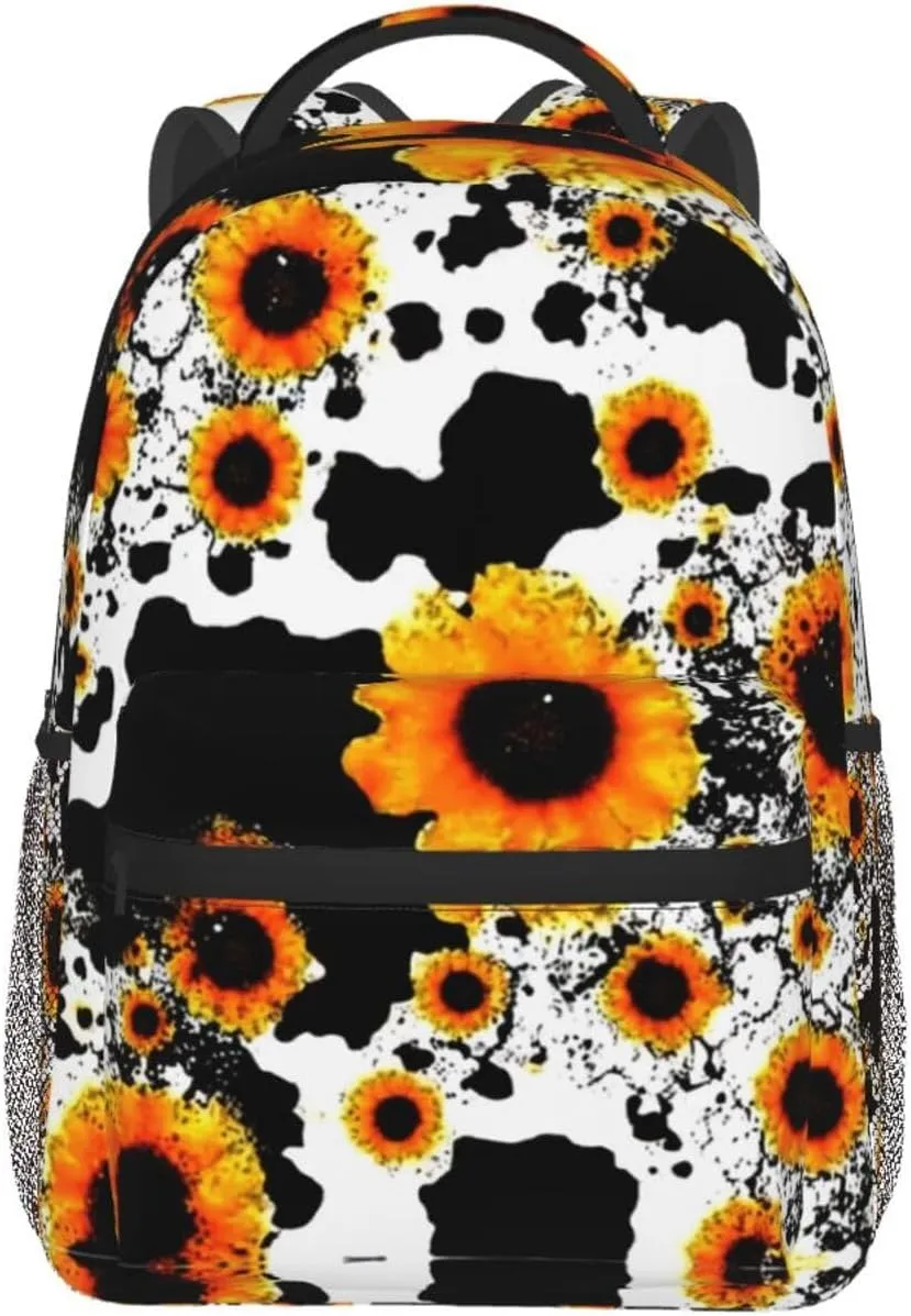 Men Women Polyester 80S Vintage Sunflower Cow Print Daypack Backpack Large Capacity Carry On Bag With Smooth Zippers for Hiking Picnic Walking Cycling