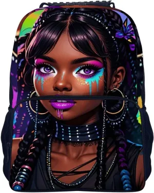 Men Women Polyester Cool African American Woman Bold And Colorful Art Daypack Big Capacity Shoulder Bag With Adjustable Shoulder Straps for Camping Travel Walking Cycling